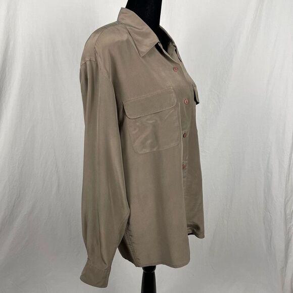 Silk Land Vintage 100% Silk Gray Safari Button Down Shirt - Women’s 12 - Picture 2 of 6